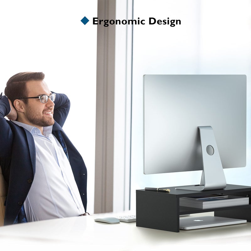 BONTEC Wooden Monitor Stand Riser, 2-Tier Desk Shelf with Storage Organizer, Ergonomic Computer Stand with Cable Management, Cellphone Holder, Black, 16.5 Inch - Image 5